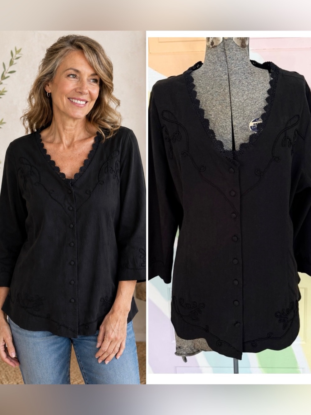 Soft Surroundings 100% Cotton Embroidered Scallop Hem  Blouse Sz XL 💛🍄